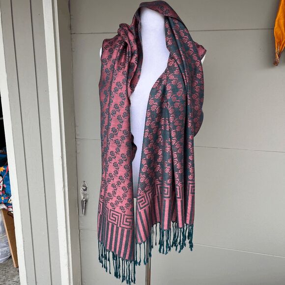100% Pashmina Pink Teal Daisy Greek Key Jacquard Fringe Scarf Shawl NWOT - Picture 6 of 7